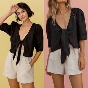 Posse Agatha Tie-Front Linen Crop Top